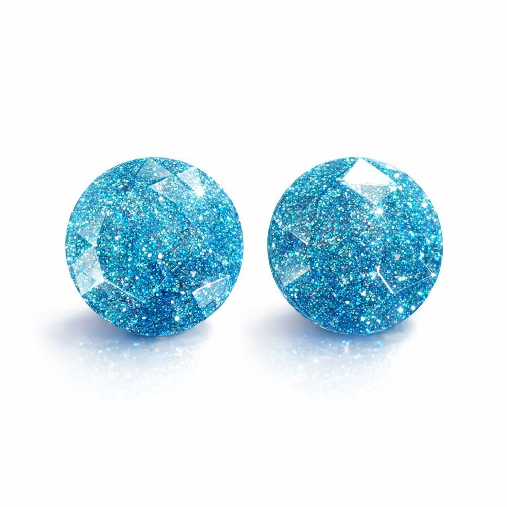 Faceted Blue Iridescent Glitter Resin Stud Dome Cabochon Fashion Earrings USED